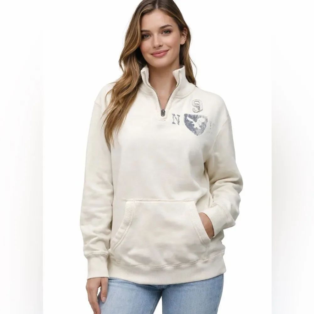 American Eagle Outfitters Y2K Cream Quarter-Zip Sweatshirt Distressed SZ S
